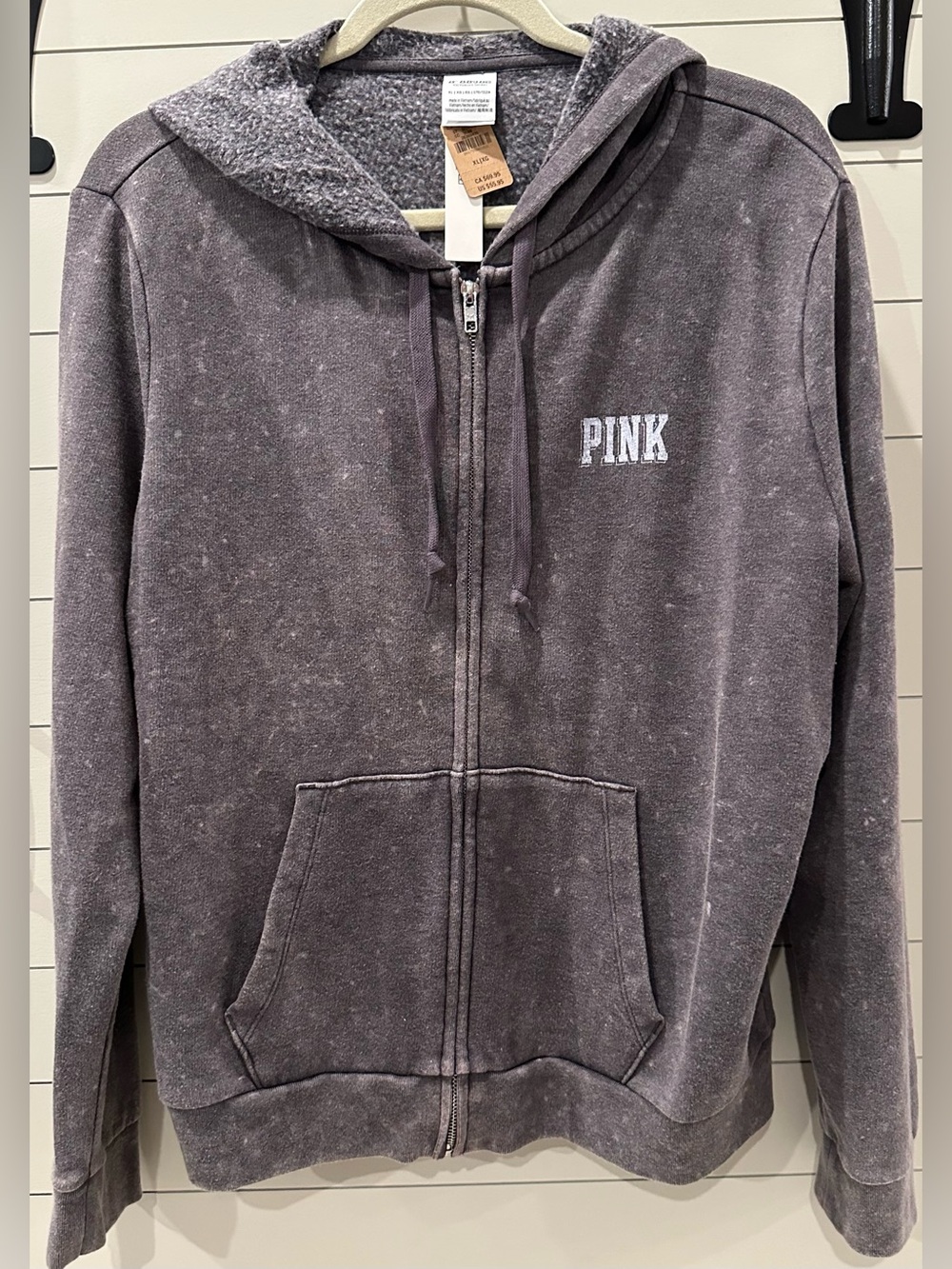 NWT PINK Victoria's Secret Logo Zip Hoodie in Washed Charcoal Size XL